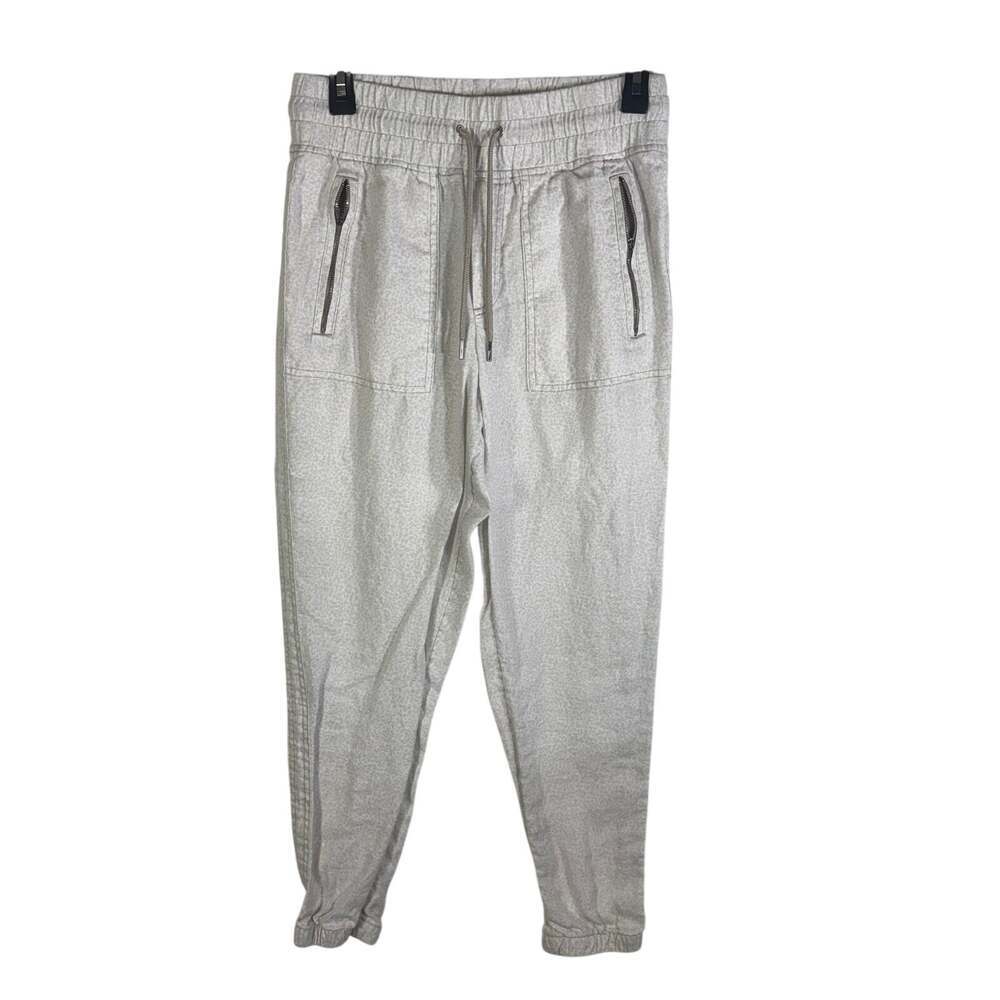 Athleta Womens 4 Cabo Linen Jogger Pants Beige Printed Zip Pockets Drawstring